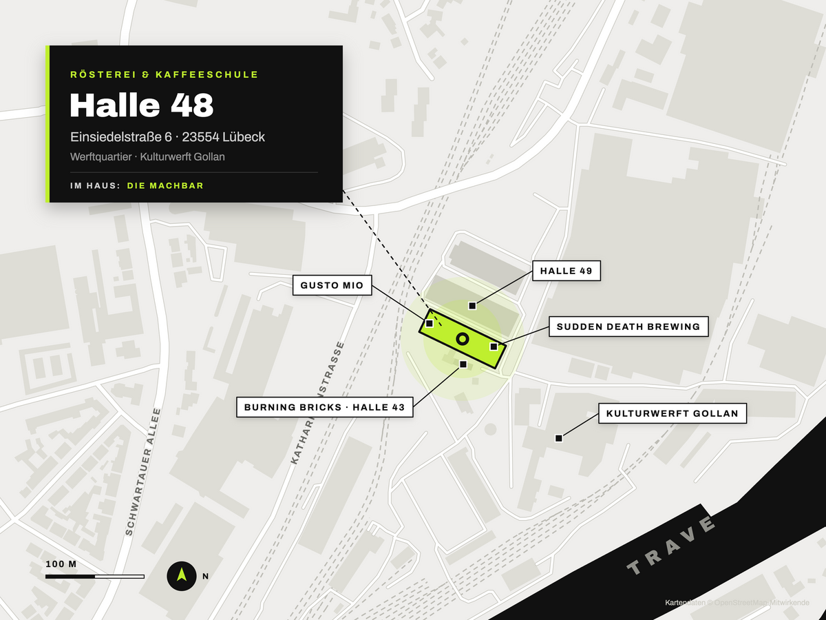 Karte: Cycle Roasters Rösterei & Kaffeeschule in Halle 48, Einsiedelstraße 6, Lübeck – mit Halle 49, Sudden Death Brewing, Burning Bricks, Gusto mio und Kulturwerft Gollan