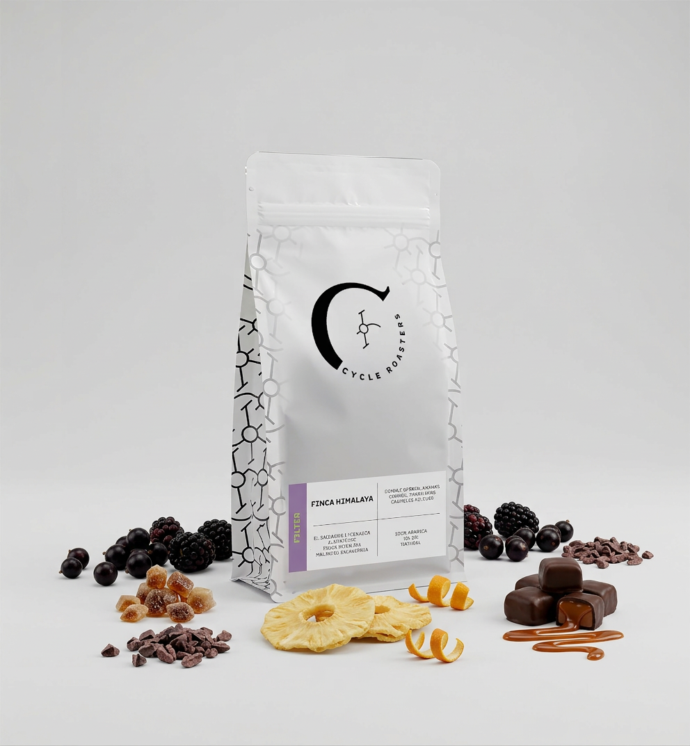 Finca Himalaya Filterkaffee mit dunklen Beeren, Ananas, Orange, Kakao Nibs und Karamell