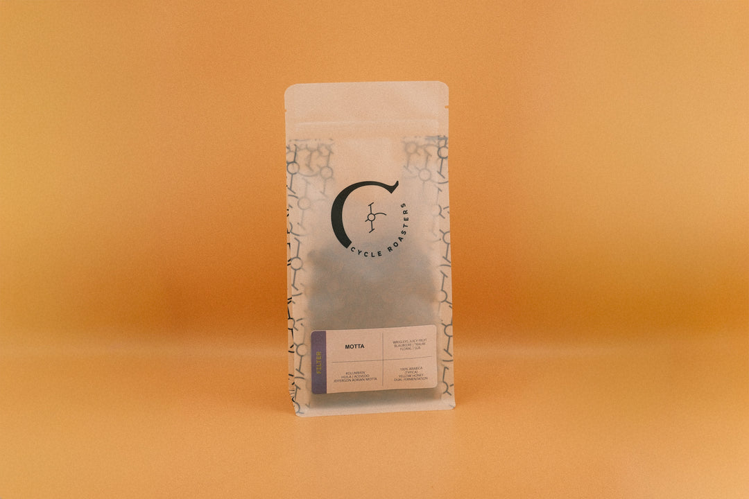 MOTTA - floral &amp; süß, Verpackung des Produkts mit modernem Design auf orangefarbenem Hintergrund.